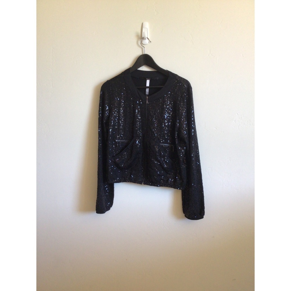 Kensie Women's Black Sequin Full Zip Bomber Jacket Size M - Picture 2 of 7